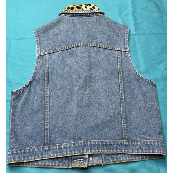Vintage WHITTALL & SHON Denim Vest Animal Print Patchwork Leopard Zebra Size M - Picture 2 of 12